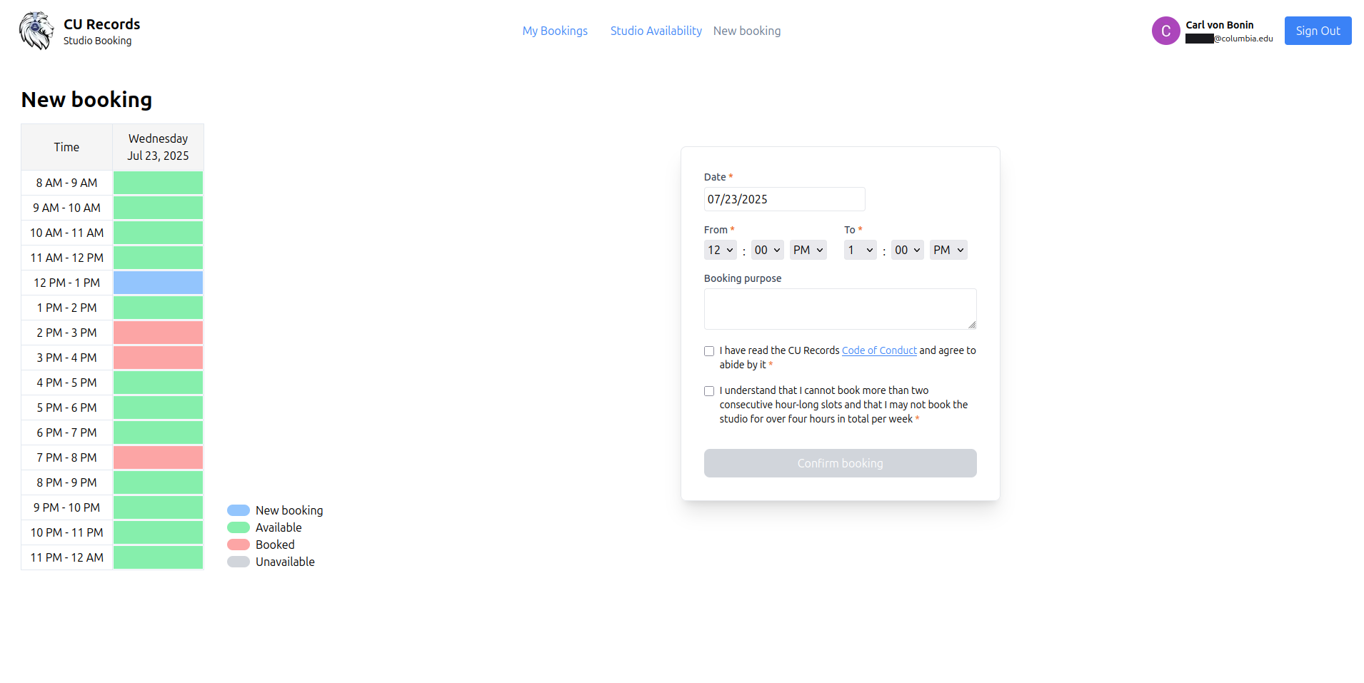 Booking form
